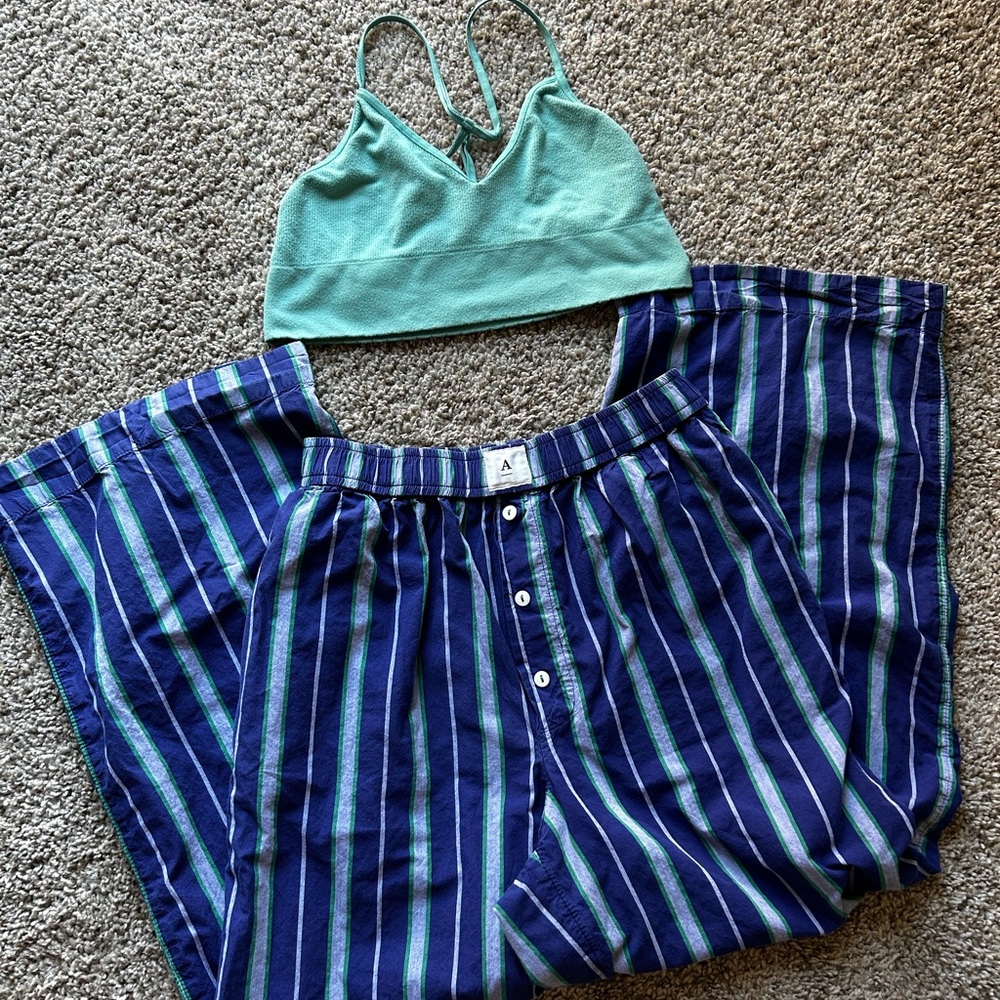 Anthropologie Mint Green Bralette & Navy Striped Pajama Pants